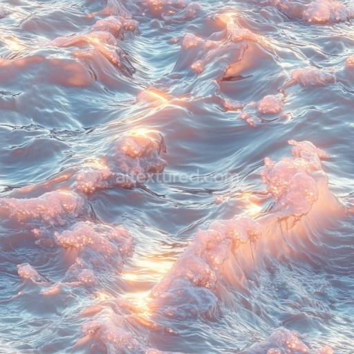 Seamless 3D foam water PBR texture with glowing orange-pink highlights and dynamic wave patterns