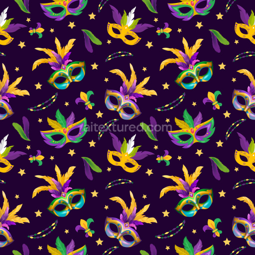 Pattern Bundle - Seamless 3D Pattern PBR Texture Featuring Colorful Mardi Gras Masks and Feathers texture preview