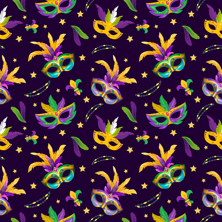 Pattern Featuring Colorful Mardi Gras Masks and Feathers seamless PBR texture preview