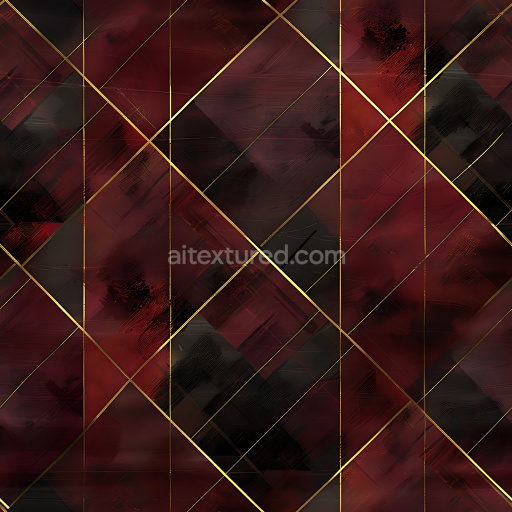 Seamless 3D PBR Plaid Texture Featuring Dark Red and Black Tones with Gold Accents