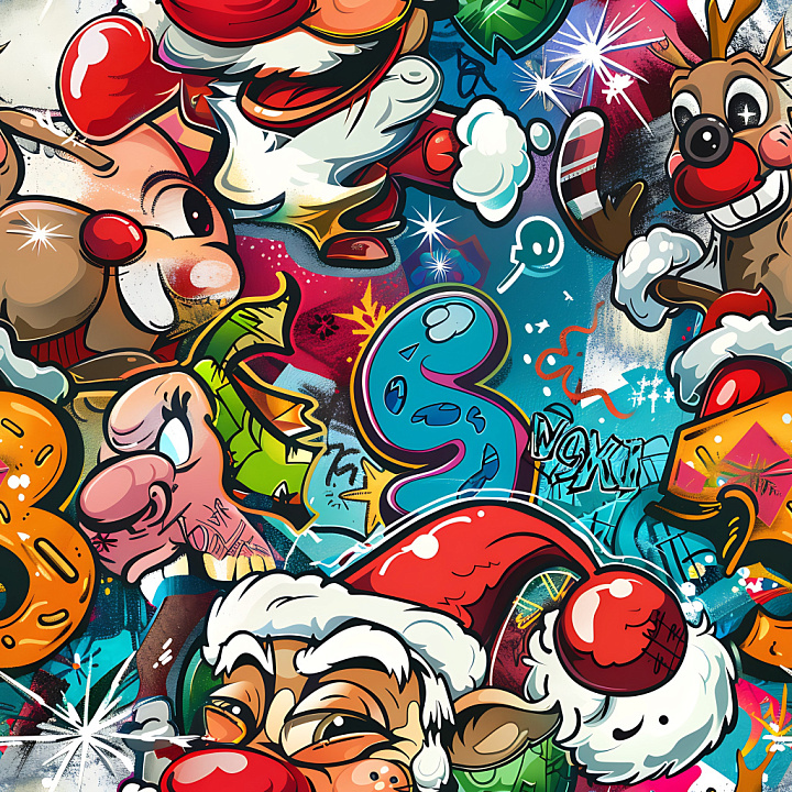 Of Vibrant Christmas-Themed Graffiti Art With Cartoon Characters seamless PBR texture preview