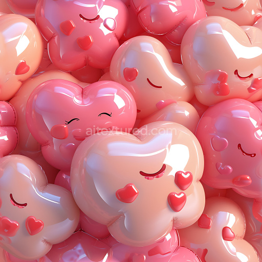 Seamless 3D Inflated Heart-Shaped Glossy Vinyl PBR Texture with Playful Faces and Pink Tones