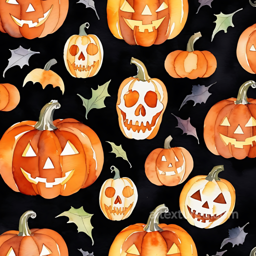 Watercolor Halloween Pumpkins and Leaves on Black Fabric Seamless Texture seamless Watercolor Halloween PBR texture