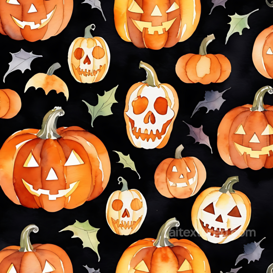 Watercolor Halloween Pumpkins and Leaves on Black Fabric Seamless Texture Watercolor Halloween texture preview