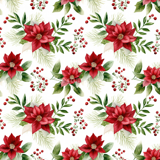 Seamless 3D PBR Texture of Watercolor Christmas Poinsettias and Greenery