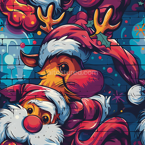Seamless 3D PBR Texture Featuring Vibrant Christmas Graffiti on Urban Brick Wall