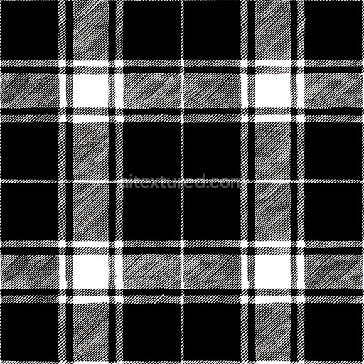 Seamless 3D PBR texture of black and white plaid fabric with linear hatching pattern