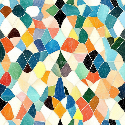 Seamless 3D mosaic PBR texture with colorful irregular ceramic tiles and matte finish texture preview