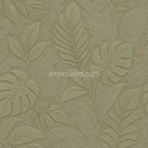 Seamless 3d texture pbr 8k tropical leaves paisley wallpaper with embossed satin finish and muted colors