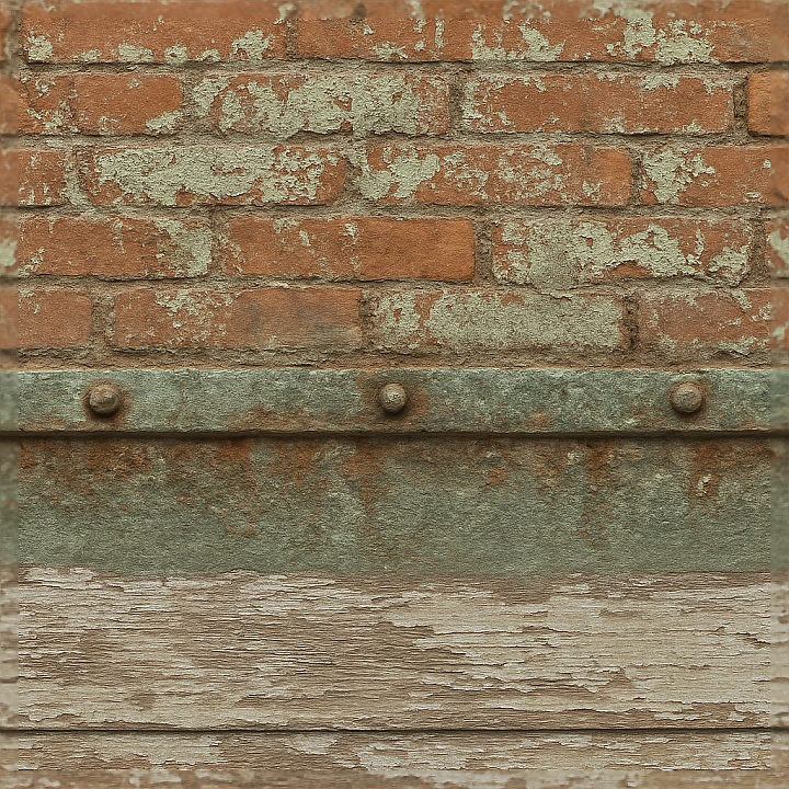 Brick Wall Fence With Chipped Paint And Painted Metal Fence Ra… seamless PBR texture preview