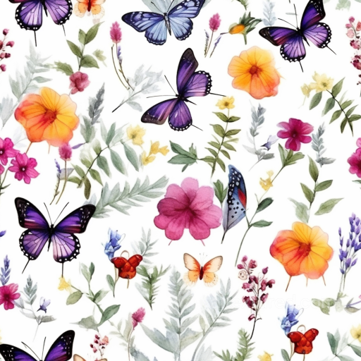 Watercolor Butterflies Seamless Texture with Floral Motifs seamless Watercolor Butterflies PBR texture