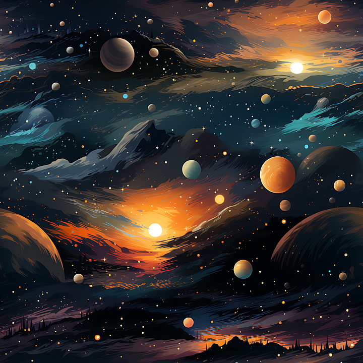 Space with Cosmic Nebula, Planets, and Starfield seamless PBR texture preview