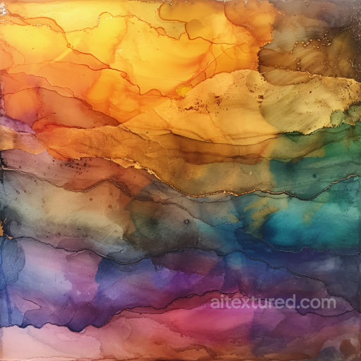 Alcohol Ink PBR Texture with Golden Amber and Multicolor Fluid Waves seamless Alcohol ink PBR texture