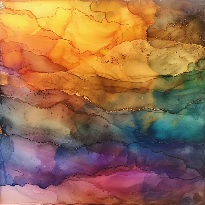 Alcohol Ink with Golden Amber and Multicolor Fluid Waves seamless PBR texture preview
