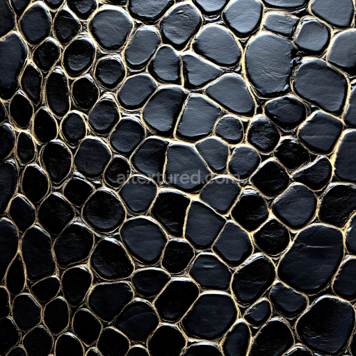 Seamless 3D reptilian skin PBR texture featuring glossy black scales with natural creases