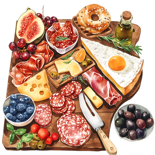 Detailed Charcuterie Board Breakfast Graphic with Meats, Cheeses, Fruits, and Bagels