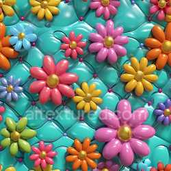 seamless Seamless 3D Inflated PBR Texture Featuring Glossy Colored Vinyl Flowers on Padded Turquoise Base texture 8k free download PBR