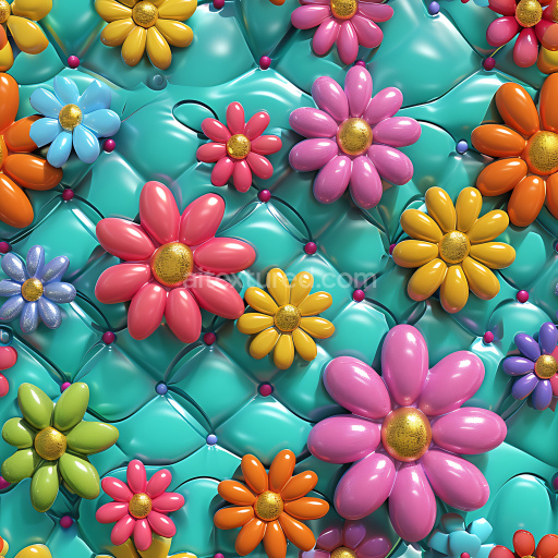 Seamless 3D Inflated Vinyl Panels PBR Texture Featuring Colorful Puffy Flowers
