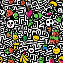 seamless Seamless 3D PBR graffiti texture with vibrant cartoon fruit and black-white maze doodles texture 8k free download PBR