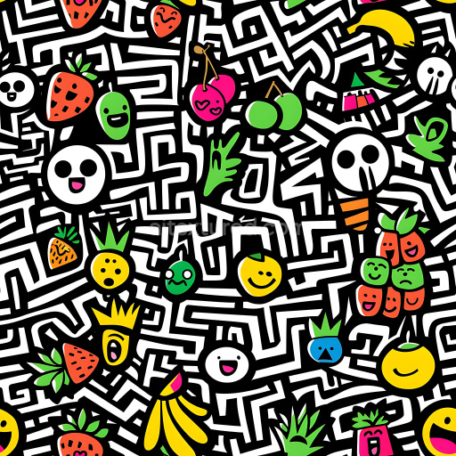 Seamless 3D PBR graffiti texture with vibrant cartoon fruit and black-white maze doodles