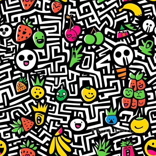 Seamless 3D PBR graffiti texture with vibrant cartoon fruit and black-white maze doodles texture preview