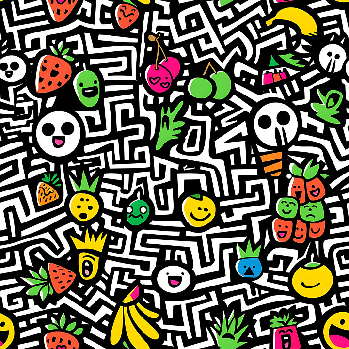 Graffiti With Vibrant Cartoon Fruit And Black-White Maze Doodles seamless PBR texture preview