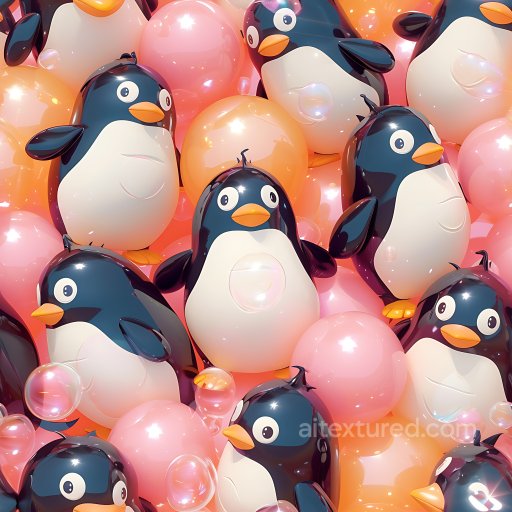 Inflated PBR Texture Featuring Glossy Vinyl Puffy Penguin Shapes in Soft Pastel Spheres seamless Inflated PBR texture