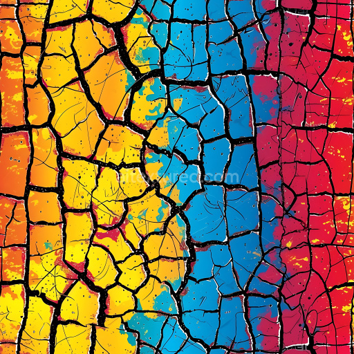 Seamless 3D Cracked Paint & Hole PBR Texture with Yellow, Blue, and Red Fractured Patterns
