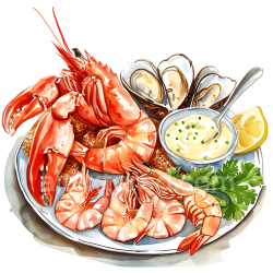 seamless Detailed Seafood Platter Breakfast Illustration with Aioli and Lemon texture 8k free download PBR