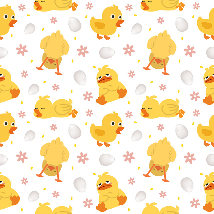 Pattern Featuring Playful Cartoon Ducks, Eggs, and Pink Flowers seamless PBR texture preview