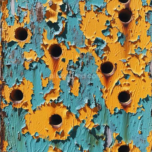 Seamless 3D Cracked & Holes PBR Texture of Rusted Metal with Peeling Orange & Blue Paint