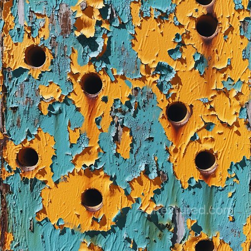 Cracked & Holes PBR Texture of Rusted Metal with Peeling Orange & Blue Paint seamless Cracked & Holes PBR texture