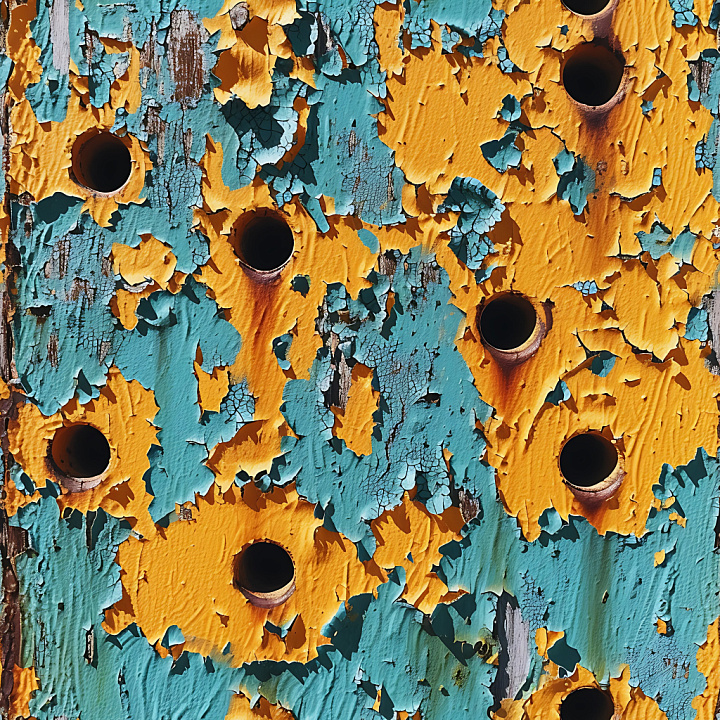 Cracked & Holes of Rusted Metal with Peeling Orange & Blue Paint seamless PBR texture preview
