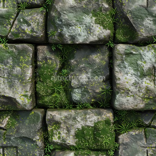 Seamless 3D Mossy Cobblestone Street PBR Texture with Realistic Weathered Stones and Vegetation