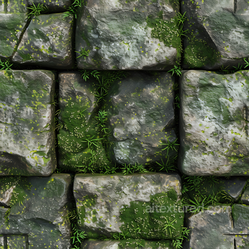Mossy Cobblestone Street PBR Texture with Realistic Weathered Stones and Vegetation seamless Stone PBR texture