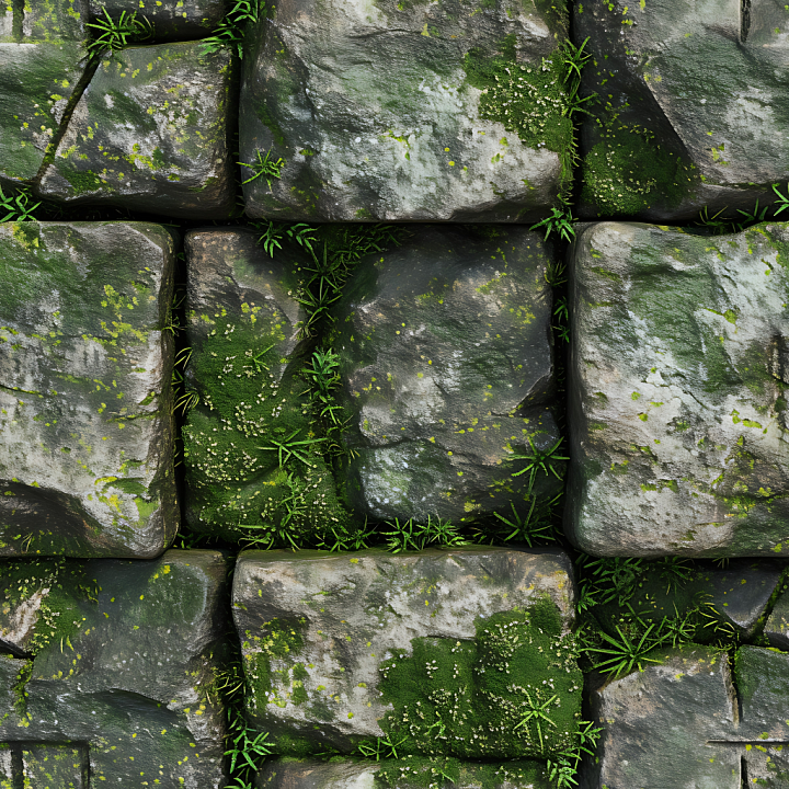 Mossy Cobblestone Street with Realistic Weathered Stones and Vegetation seamless PBR texture preview