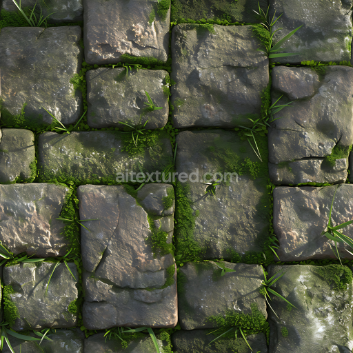Seamless 3D Mossy Stone Pavement PBR Texture with Weathered Green Growth