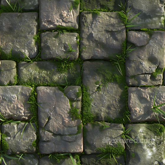 Mossy Stone Pavement PBR Texture with Weathered Green Growth Stone texture preview