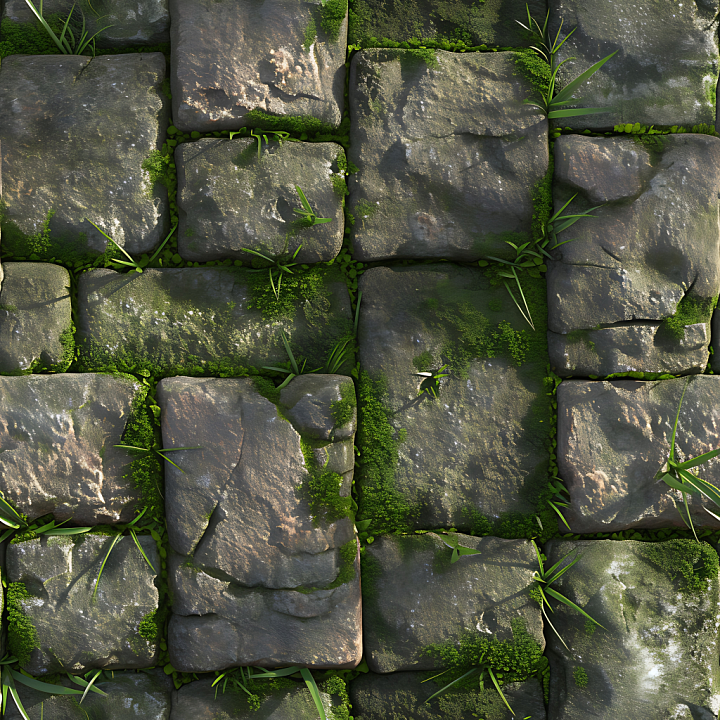 Mossy Stone Pavement with Weathered Green Growth Asphalt seamless PBR texture preview
