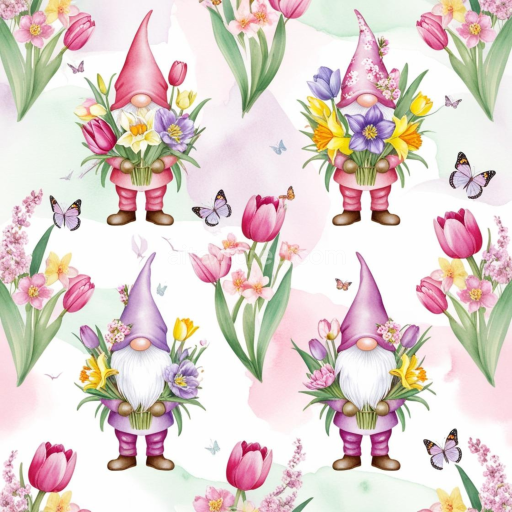 Seamless 3D PBR Easter Gnome Floral Digital Paper Texture with Colorful Flowers and Butterflies