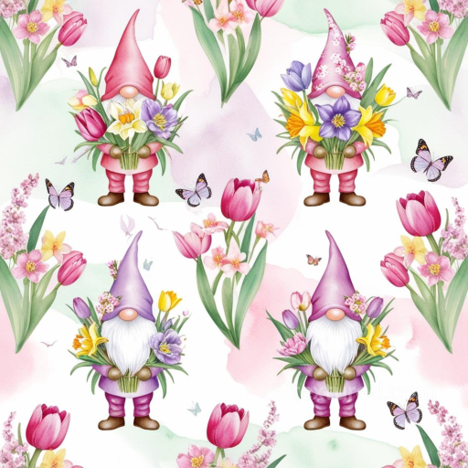 Easter Gnome Floral Digital Paper Texture with Colorful Flowers and Butterflies seamless All Easter Digital paper PBR texture