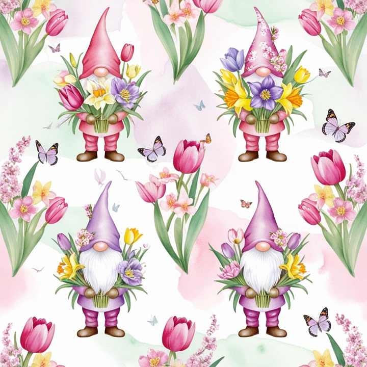 Easter Gnome Floral Digital Paper with Colorful Flowers and Butterflies seamless PBR texture preview