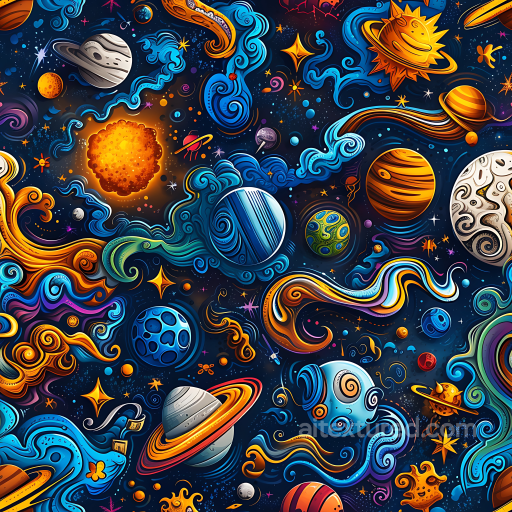 Cosmic Cartoon Space PBR Texture with Colorful Planets & Swirling Nebulae seamless Star, space, planets PBR texture