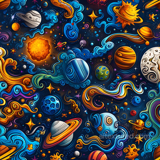 Cosmic Cartoon Space PBR Texture with Colorful Planets & Swirling Nebulae Star, space, planets texture preview