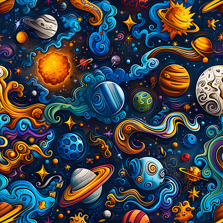 Cosmic Cartoon Space with Colorful Planets & Swirling Nebulae seamless PBR texture preview
