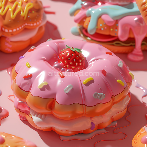 Seamless 3D Inflated PBR Texture Featuring Pink Glossy Vinyl Donut with Colorful Sprinkles
