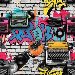 seamless Seamless 3D PBR Texture Featuring Colorful Urban Graffiti on White Brick Wall with Vintage Typewriters texture 8k free download PBR