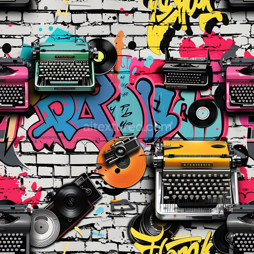 Seamless 3D PBR Texture Featuring Colorful Urban Graffiti on White Brick Wall with Vintage Typewriters