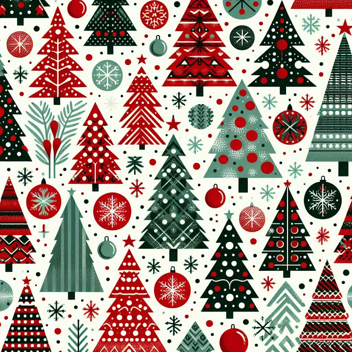 Christmas Digital Paper with Stylized Tree and Ornament Pattern seamless PBR texture preview
