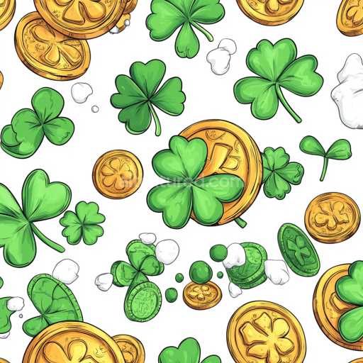 Seamless 3D PBR Texture of Green Shamrocks and Gold Coins on White Background